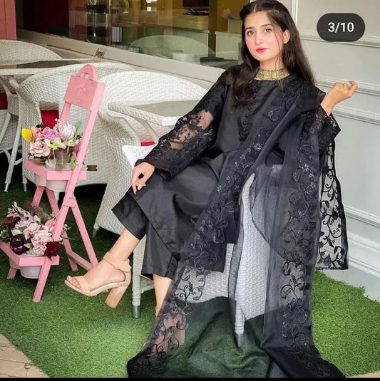 Black Embroidered 3PC Organza Suit with Dupatta