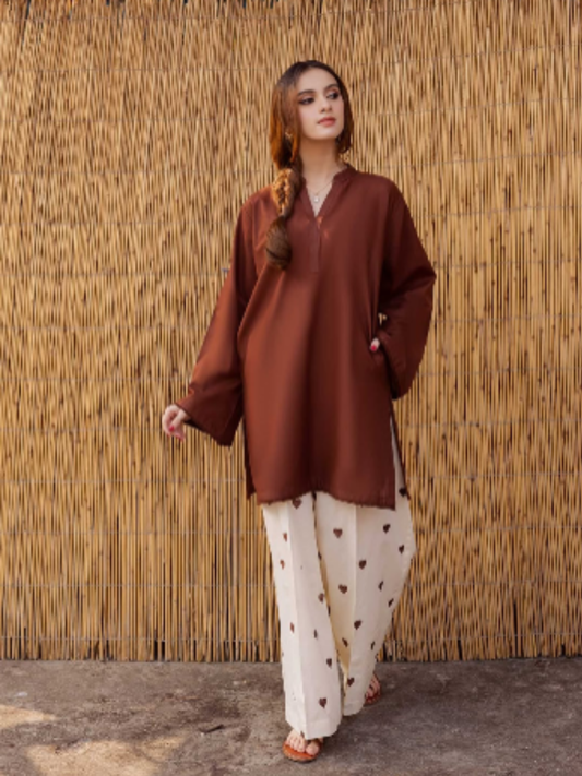 Women's 2 Piece Rust Brown Shirt with Heart Print Trousers | Casual Cotton Suit