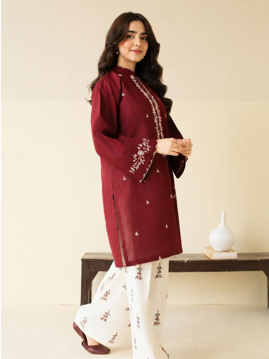 Women's Maroon Embroidered 2 Piece Suit with Floral Print Trousers