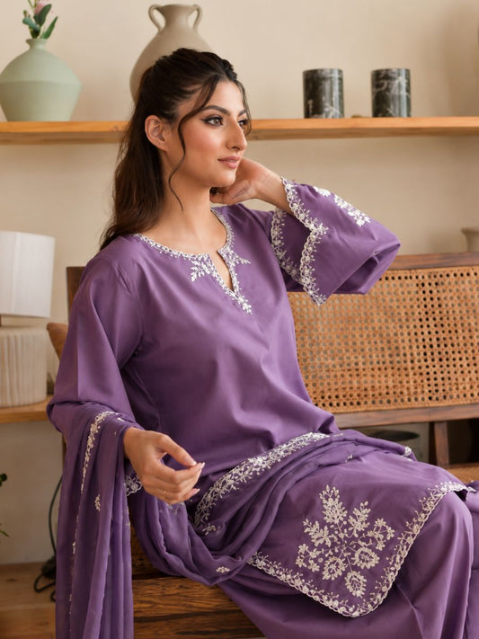 Women's Purple Embroidered 3 Piece Suit with Dupatta | Formal Chiffon Suit