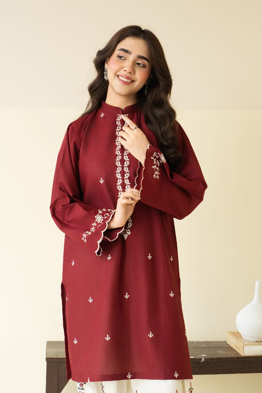 Women's Maroon Embroidered 2 Piece Suit with Floral Print Trousers