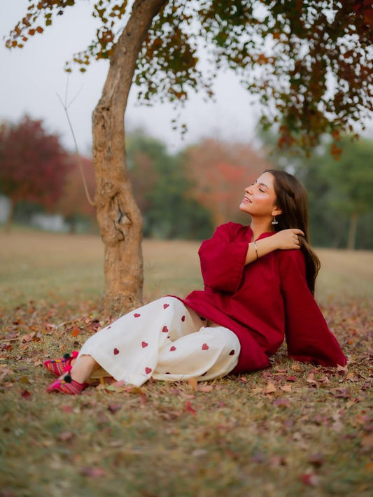 Women's 2 Piece Rust Brown Shirt with Heart Print Trousers | Casual Cotton Suit