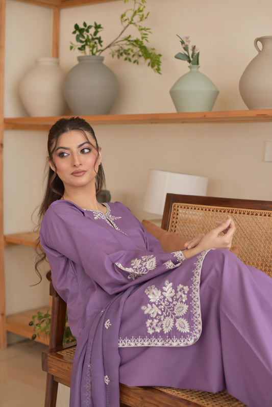Women's Purple Embroidered 3 Piece Suit with Dupatta | Formal Chiffon Suit