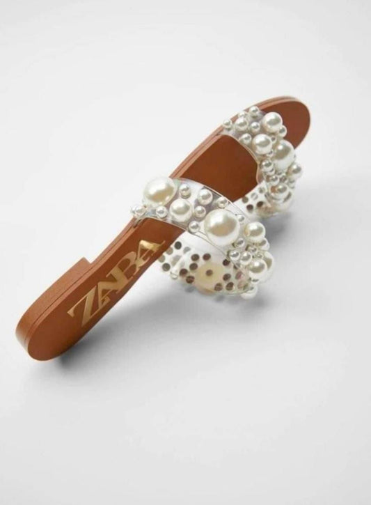 Pearl Embellished Transparent Strap Women's Flat Slippers | Elegant Summer Casual Slides