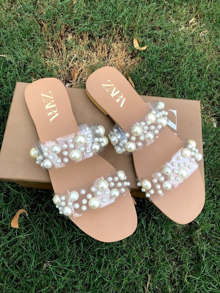Pearl Embellished Transparent Strap Women's Flat Slippers | Elegant Summer Casual Slides